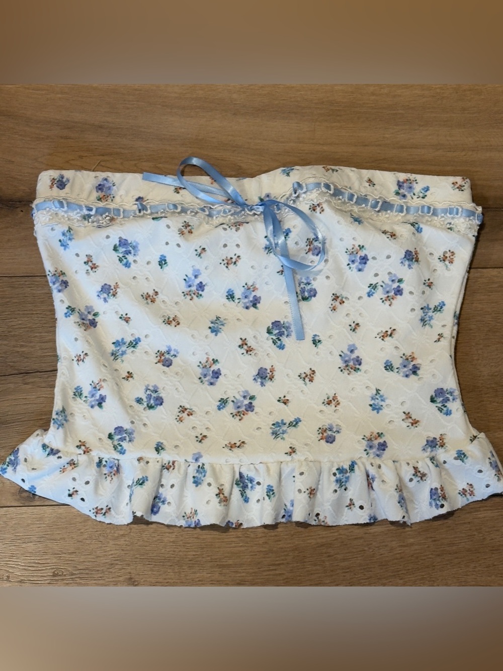 Attirance Floral Eyelet Strapless Corset Peplum Top Blue Ribbon M